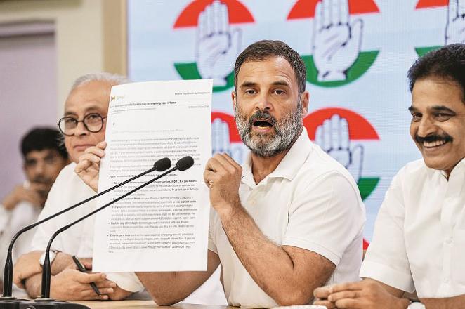 Rahul Gandhi showing the list which has been received by his office from Apple company. Photo: INN