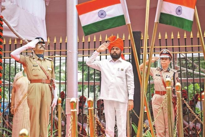 Chief Minister Eknath Shinde conducted a ceremonial flag hoisting at Mantralaya. Photo: PTI