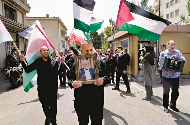 Members of Tehran University Council protesting against Israel on the martyrdom of Ismail Haniyeh. (PTI)