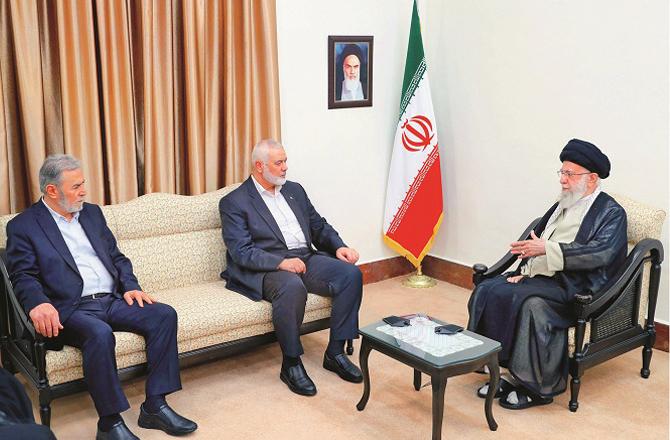 A day before his assassination, Ismail Haniyeh talking to the Supreme Leader of Iran. Photo: PTI.