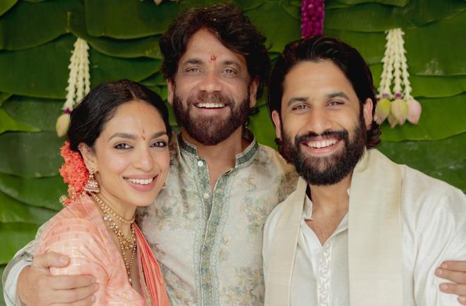 Naga Chaitanya, Naga Arjuna and Shubhita Dhulipala. Image: X