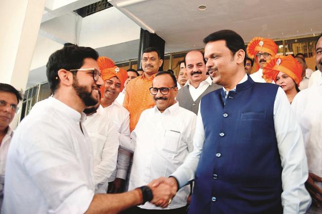 Aditya Thackeray with Chief Minister Devendra Fadnavis on the first day of Assembly session on Saturday. Photo: INN