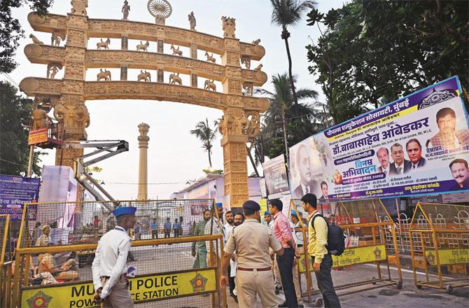 Police personnel are seen deployed near Chetiya Bhoomi. Photo: Atul Kamble