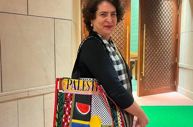 Priyanka Gandhi carried a bag with the name of Palestine. Photo: X