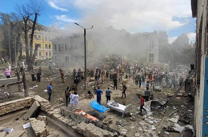 A scene outside the destroyed hospital. Photo: X