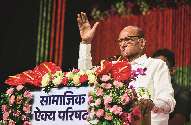 NCP chief Sharad Pawar addressing the Samajak Ekya Parishad held in Navi Mumbai on Sunday. Photo: INN