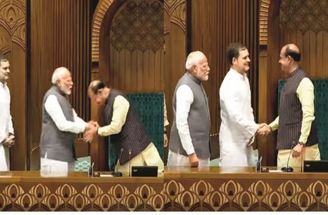 Om Birla`s handshake style with Rahul and Modi can be seen in this picture. Photo: INN