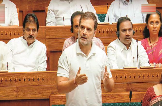 Rahul Gandhi demanding a debate on the Net Paper Leak in the Lok Sabha. Supriya Sule, A Raja and KC Venugopal can also be seen in the picture. Photo: PTI