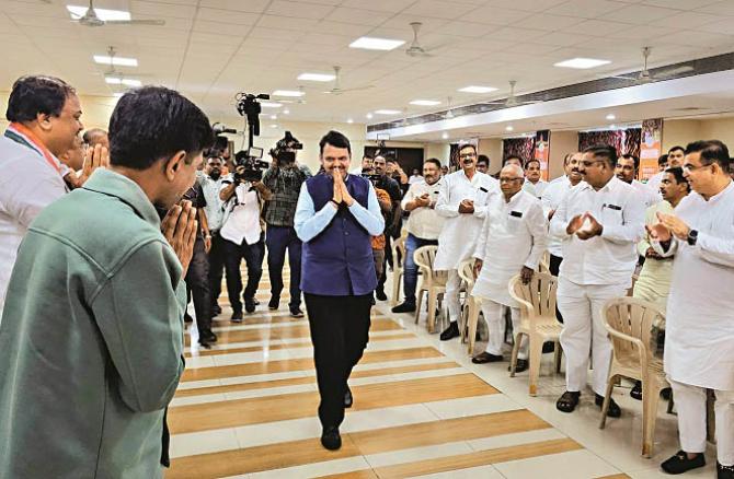 Devendra Farnavis at a party meeting in Mumbai`s Dadar area.  Photo: PTI