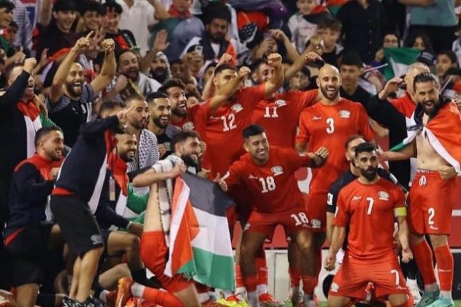 Palestinian football players celebrating victory. Photo: X