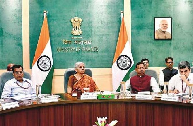 Finance Minister Nirmala Sitharaman during a meeting with her officers and experts. Photo: PTI