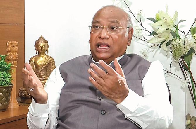 Congress president Mallikarjan Kharge giving an interview. Photo: PTI.