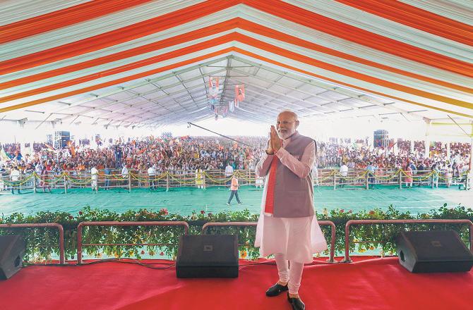 Prime Minister Modi during an election rally in Mirzapur. Photo: PTI