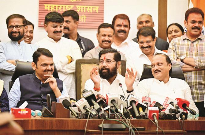 Mahayuti leaders Ajit Pawar, Eknath Shinde and Devendra Fadnavis talking to the media in a pleasant atmosphere after the victory. Photo: Shadab Khan