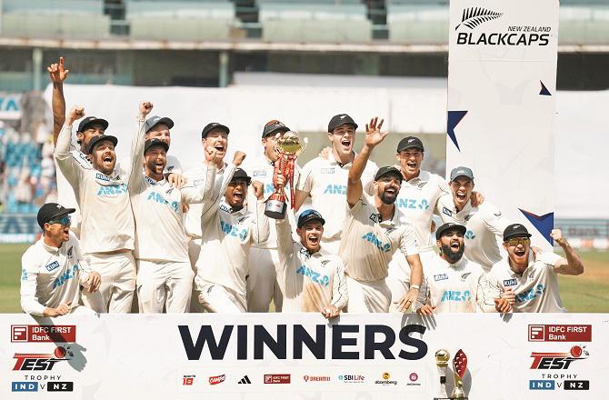 New Zealand team winning the Test series. Photo: PTI.