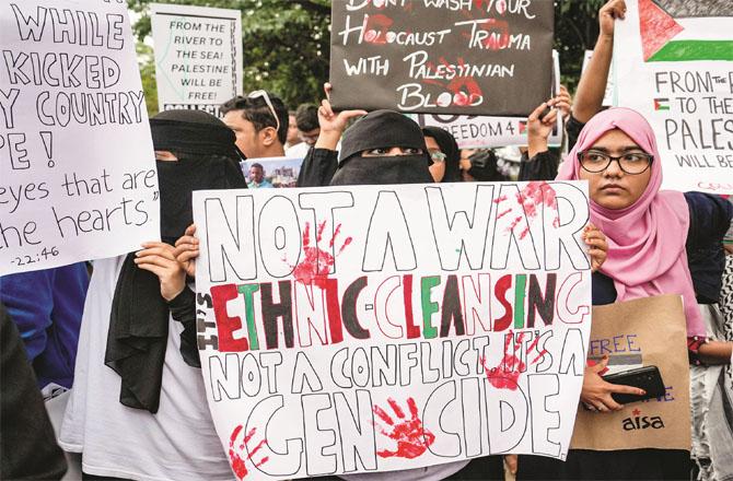 Protests in support of Gaza took place around the world on Monday. The image below is from Bangalore. Photo: PTI