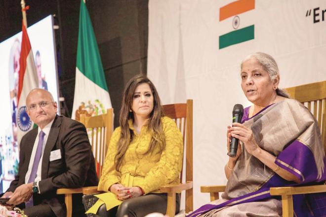 Finance Minister Nirmala Sitharaman addressing the India Mexico Trade and Investment Summit. Photo: PTI