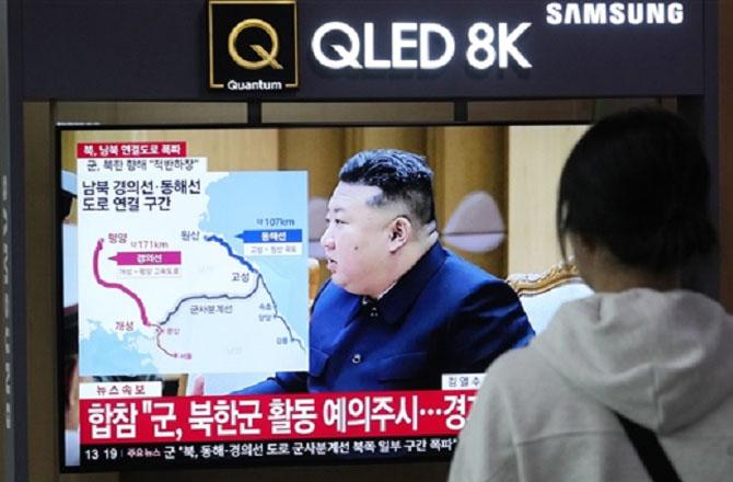 A TV on a North Korean station is detailing the devastation of the border roads. Photo: PTI