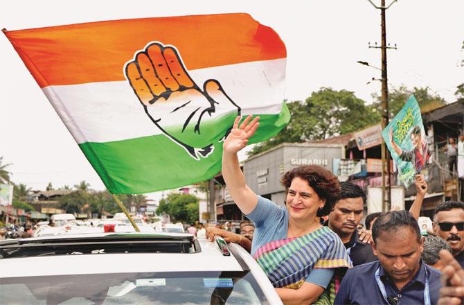 Priyanka Gandhi Vadra during a road show in Wayanad.(PTI)