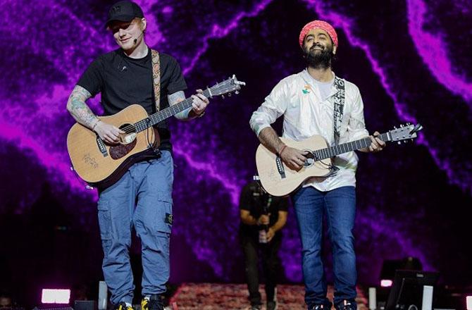 Arjit Singh and Ed Sheeran performing in concert. Image: X