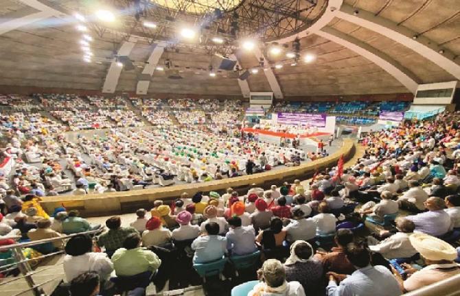 A scene from the Farmers` Maha Panchayat at Talkatura Stadium in New Delhi. Photo: INN