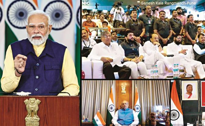 Prime Minister Modi addressing the inauguration ceremony, Chief Minister and others can be seen at the function held in Pune. Photo: INN