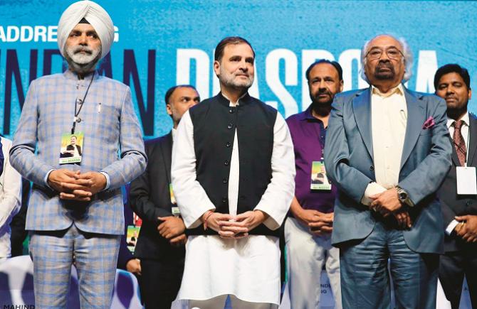 Rahul Gandhi, Sam Pitroda and others during the program at the University of Texas. Photo: PTI