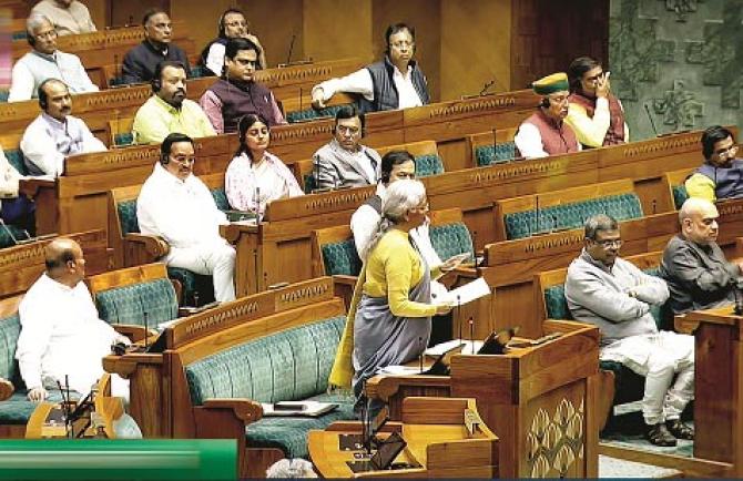 Finance Minister Nirmala Sitharaman and others are seen in the Lok Sabha during the budget session. Photo: PTI