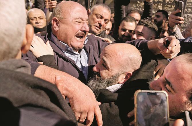 This is how a Palestinian citizen released from Israeli custody was welcomed in Ramallah. Photo: PTI.