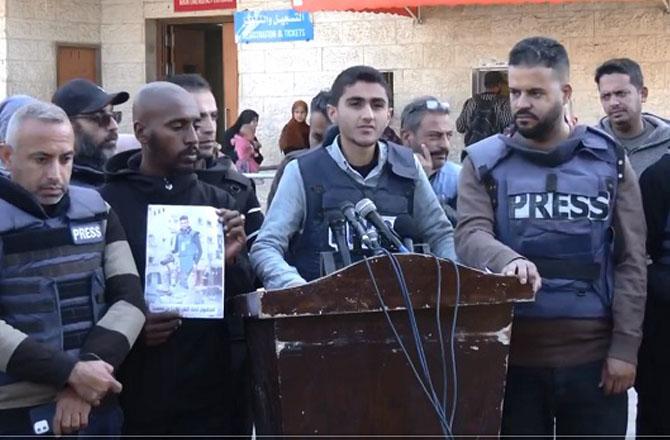 Palestinian journalist addressing a press conference. Photo: X