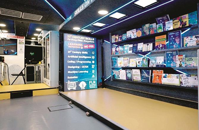 An interior view of the bus "AI on Wheels" designed by Sachin Joshi. Photo: INN.